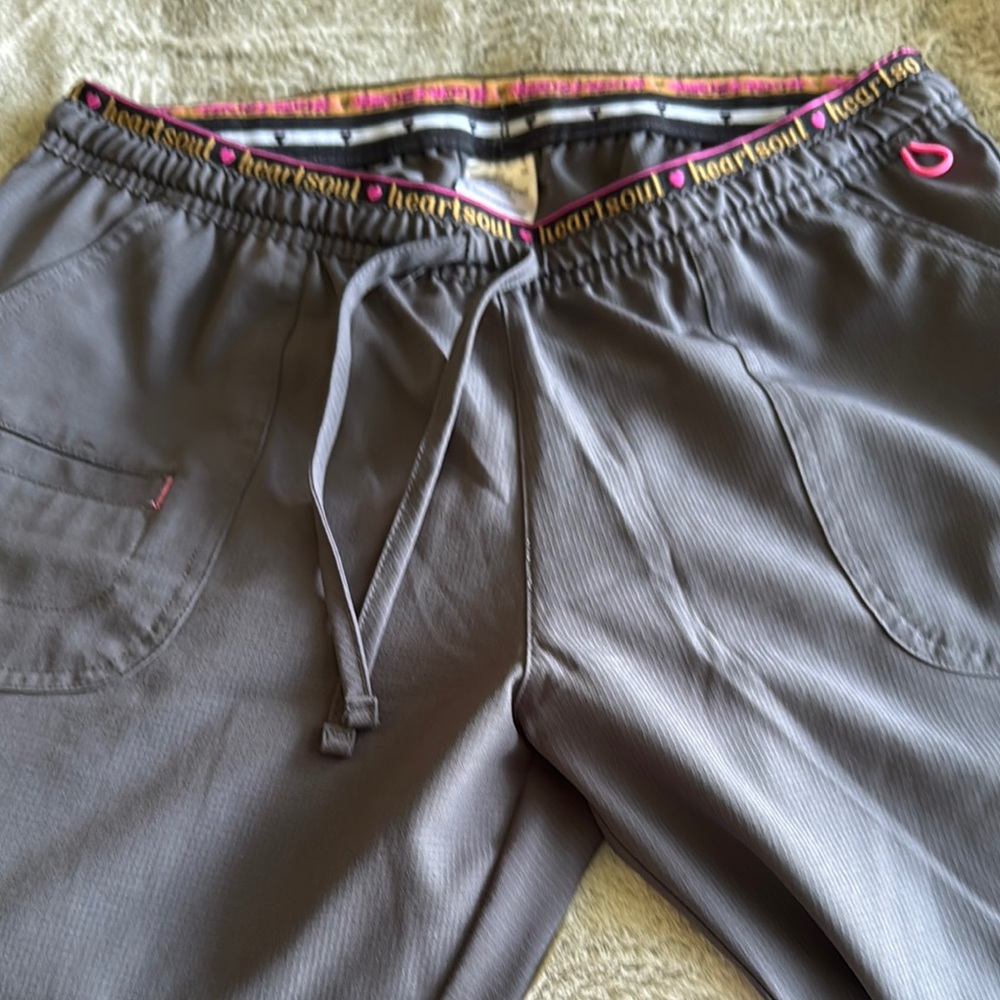 HeartSoul Charcoal Drawstring Scrub Pants with Pink Heart Accent